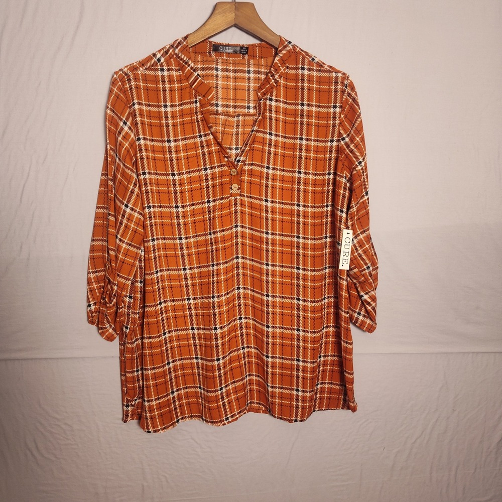 Cure Womens 2XL Orange Plaid Roll Tab Sleeve V-Neck Tunic Blouse Top